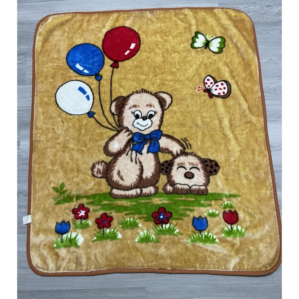 Vintage Mink Baby Blanket Bear Puppy Balloons Butterflies Plush Kawai Brown Rare